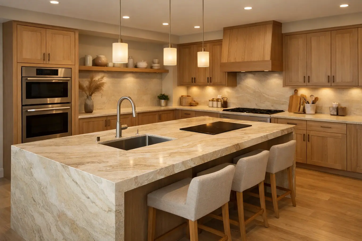 Kwartsiet keukenblad in warme zandtinten